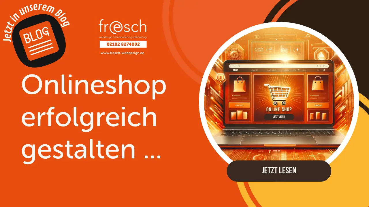 Grafik mit einem Laptop, der eine Webseite für einen Onlineshop zeigt, umgeben von orangefarbenem Hintergrund.