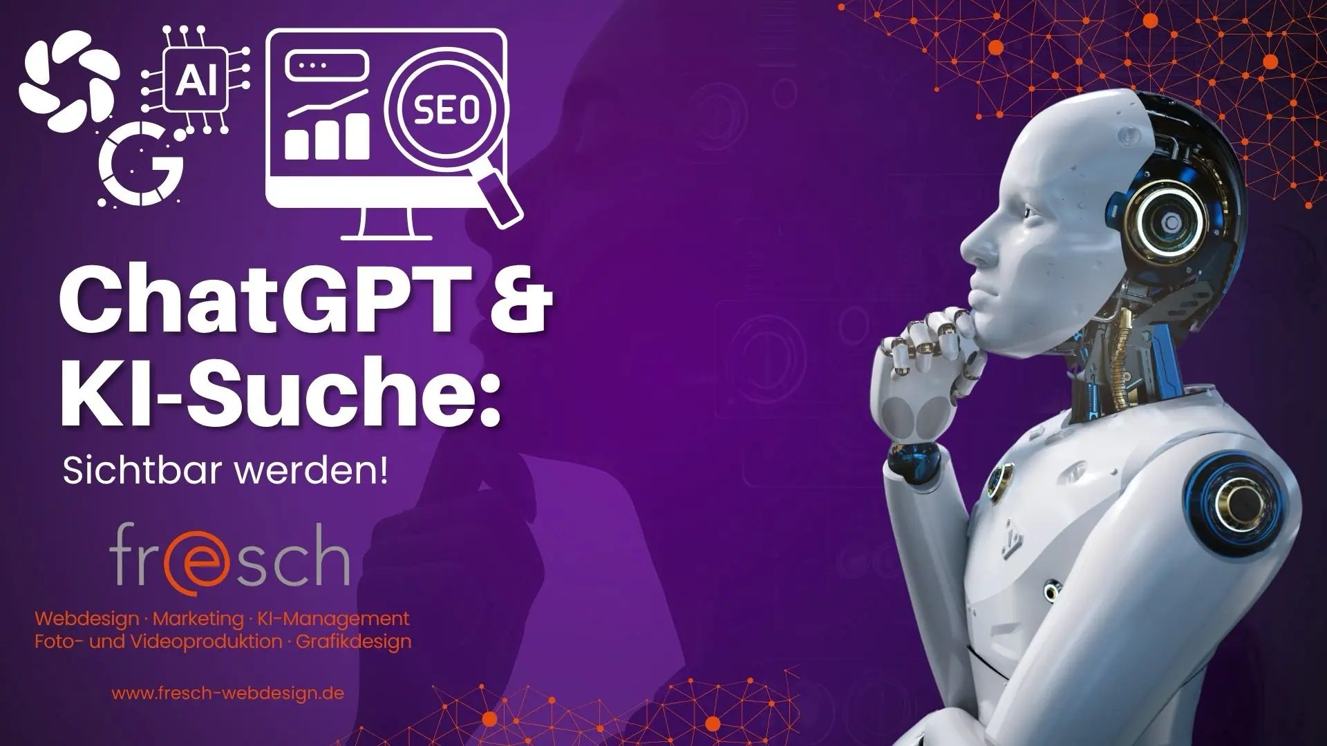 Grafik mit einem Roboter und Symbolen für KI, SEO und Datenanalyse auf lila Hintergrund.
