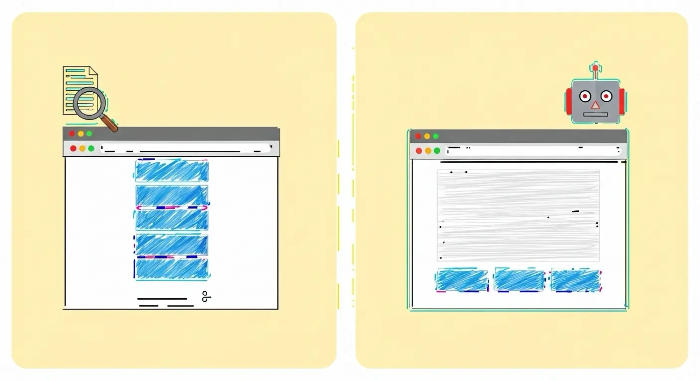 Darstellung des Unterschieds zwischen klassischer Google-Suche und dem neuen Google AI Mode mit KI-Antworten und integriertem Chat-Roboter.