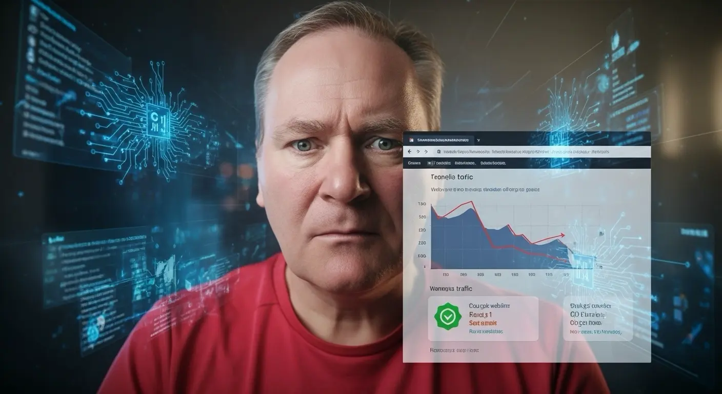 Website-Betreiber analysiert sinkenden Traffic trotz guter Google-Rankings auf Analytics-Dashboard mit KI-Technologie im Hintergrund