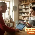 Verkäuferin zeigt einem Kunden in einem kleinen Laden KI-gestützte Informationen auf einem Tablet – Thema: KI im Einzelhandel.